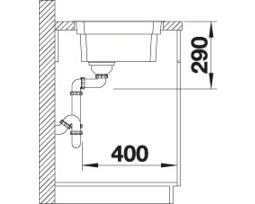 Schema van een spoelbak met sifon en maatvoering 400 en 290.