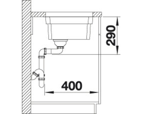 Schets van een spoelbak met de afmetingen 290 bij 400 millimeter.