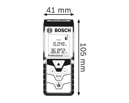 Afbeelding van een Bosch GLM 40 Professional laser afstandsmeter met afmetingen van 41 mm breed en 105 mm hoog.