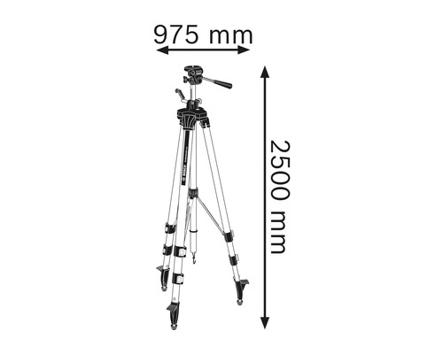Weergave van een waterpasstatief met een hoogte van 2500 mm en een breedte van 975 mm.