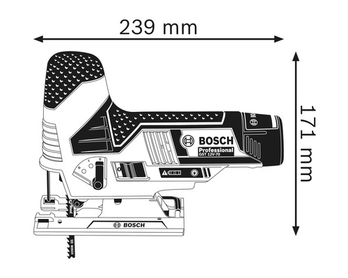 Tekening van een decoupeerzaag met afmetingen 239 mm en 171 mm.