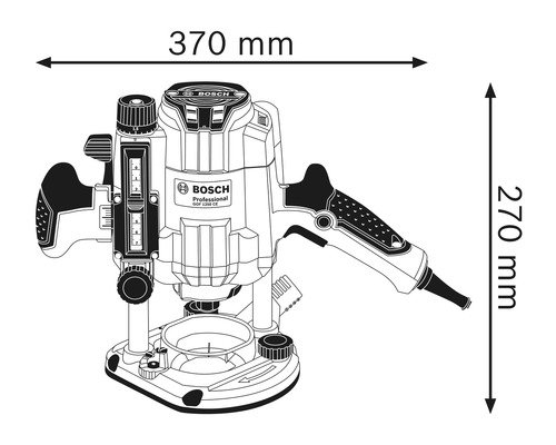 Bosch Professional GOF 1250 CE freesmachine met afmetingen 370 mm maal 270 mm