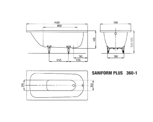 Technische tekening van een Saniform Plus ligbad met afmetingen