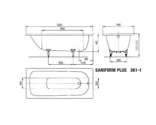 Technische tekening van een Saniform Plus bad met afmetingen