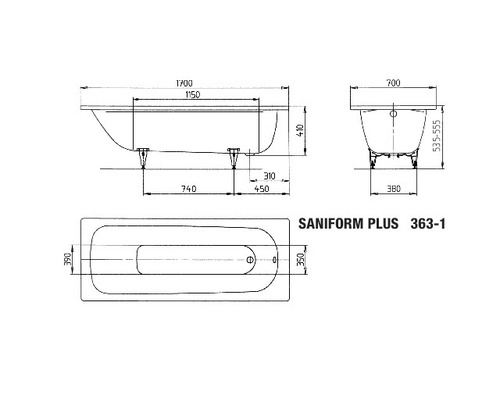 Technische tekening van een Saniform Plus 363-1 badkuip met afmetingen
