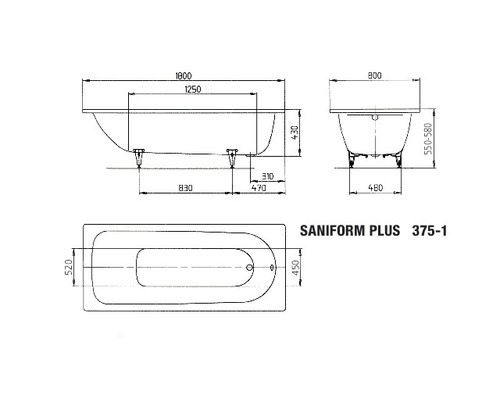 Technische tekening van het Saniform Plus bad met afmetingen