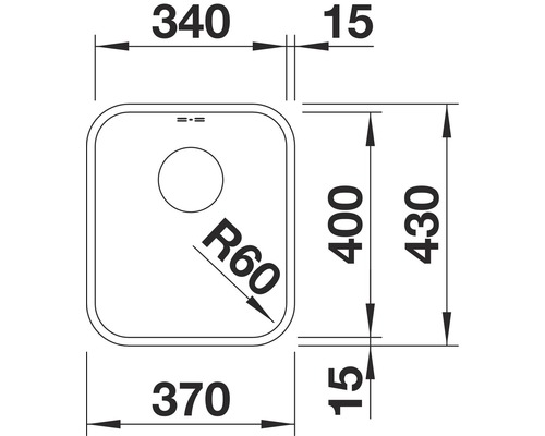 Tekening van een spoelbak met afmetingen