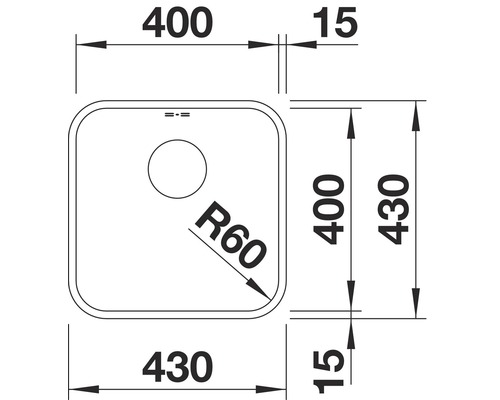Tekening van een spoelbak met maatvoering