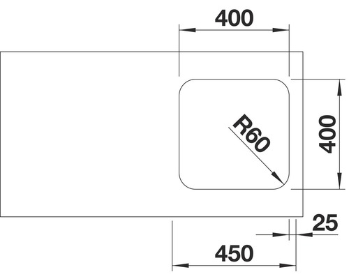 Technische tekening van een wastafel met afmetingen.