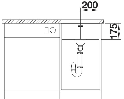 Technische tekening van een spoelbak met sifon en maatvoering