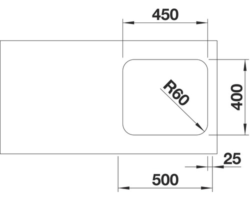 Technische tekening van een wastafel met de afmetingen 450, 400, 500 en 25.
