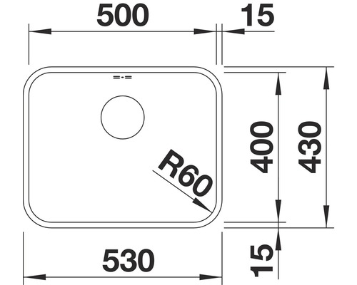 Technische tekening van een spoelbak met afmetingen