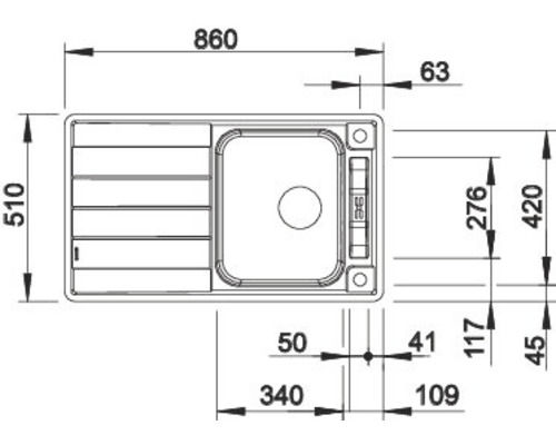 Maattekening van een keukenspoelbak met de afmetingen 860 x 510 millimeter.