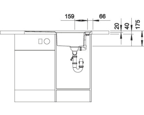 Technische tekening van een spoelbakonderkast met afmetingen.