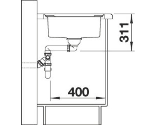 Schets van een spoelbak met afmetingen van 311 mm hoog en 400 mm breed.