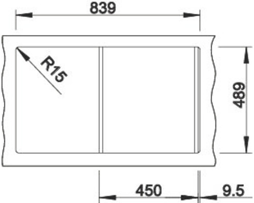 Technische tekening van een spoelbak met de afmetingen 839 x 489 mm