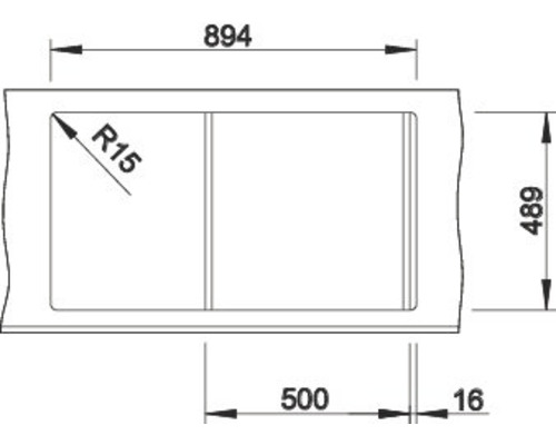 Technische tekening van een spoelbak met maatvoering