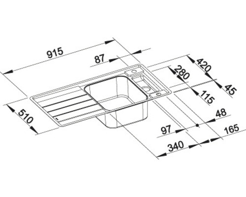 Technische tekening van een gootsteen met maatvoering