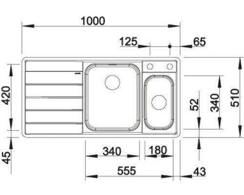 Technische tekening van een spoelbak met afmetingen
