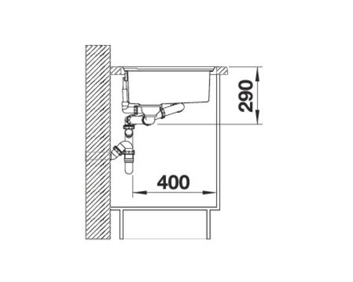 Technische tekening van een gootsteen met afmetingen