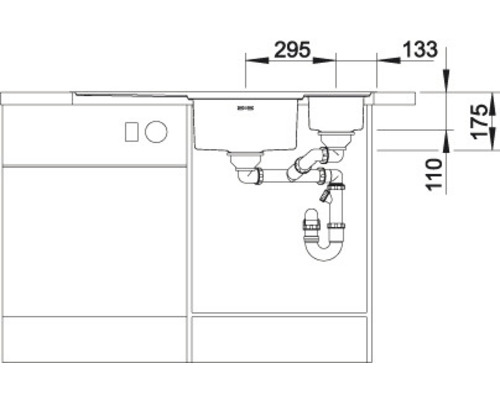 Tekening van een gootsteen met afmetingen van 295 mm en 133 mm, plus 175 mm en 110 mm