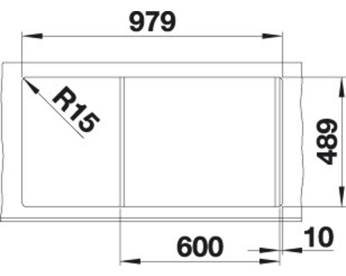 Afmetingen van een spoelbak met twee bakken, 979 x 489 mm