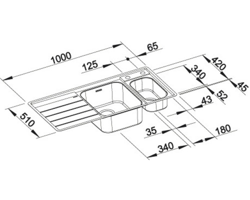 Technische tekening van een spoelbak met afmetingen