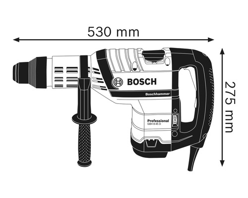 Bosch boorhamer met afmetingen van 530 mm bij 275 mm