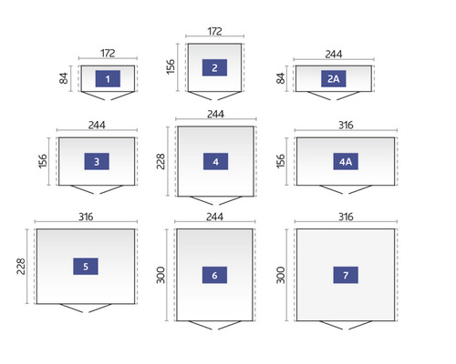 Maatoverzicht van bouwelementen met breedtes tussen 172 en 316 millimeter en hoogtes tussen 84 en 300 millimeter