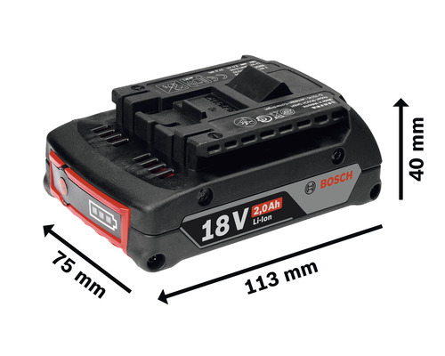 Bosch 18 Volt 2.0 Ah Lithium-ion batterij met de afmetingen 113 mm x 75 mm x 40 mm