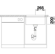 Schema van een gootsteen met de afmetingen 265 bij 200 millimeter