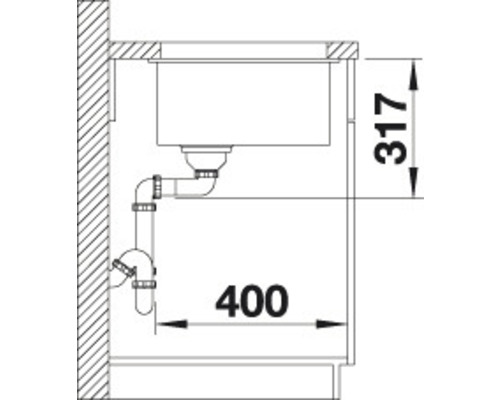 Technische tekening van een spoelbak met afmetingen