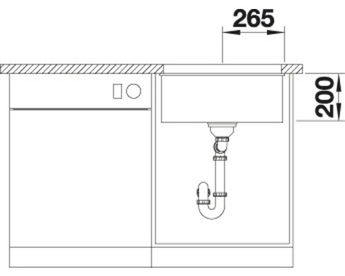 Technische tekening van een spoelbak met maatvoering
