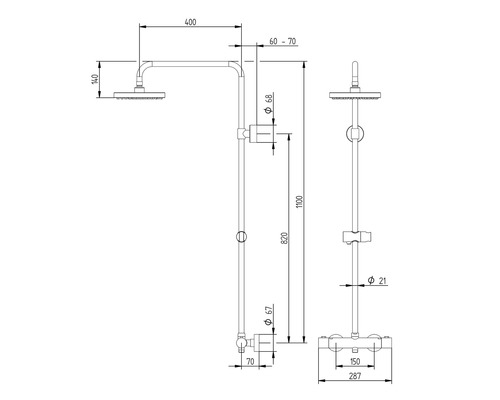Technische tekening van een douchearmatuur met hoogte- en breedtegegevens.