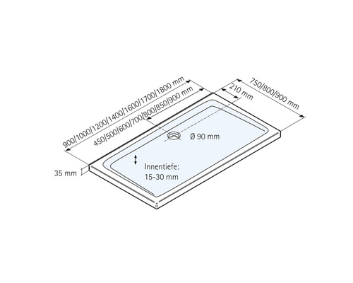 Technische tekening van een douchebak met maataanduidingen