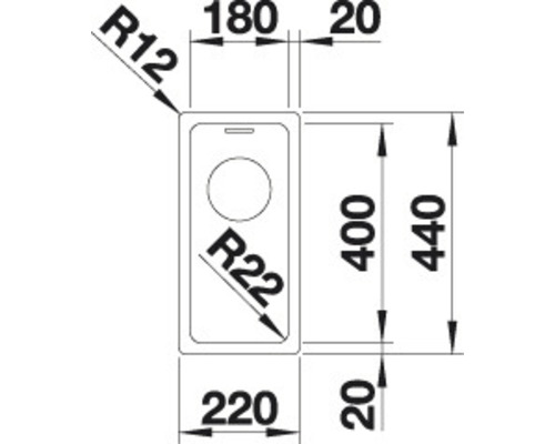 Maattekening van een aanrechtbak met de positie van de spoelbak aan de linkerkant