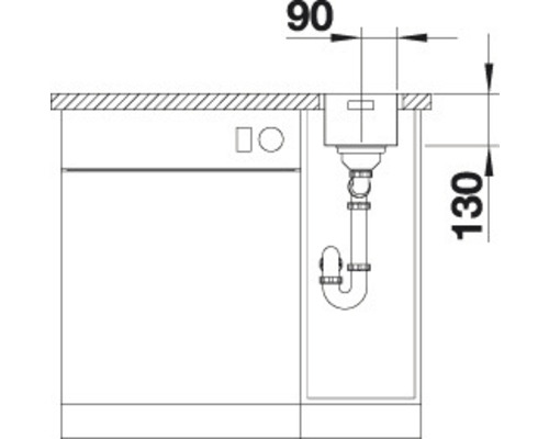 Schets van een gootsteen met sifon en afmetingen