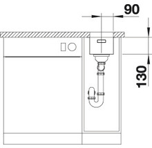 Technische tekening van een spoelbak met afmetingen