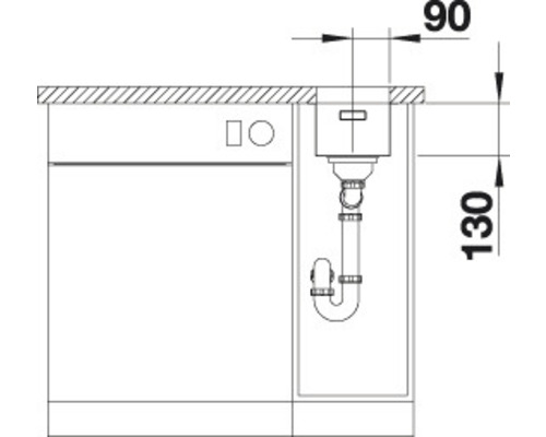 Technische tekening van een spoelbak met afmetingen