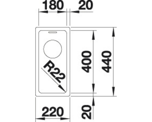 Technische tekening van een spoelbak met afmetingen