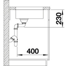 Technische tekening van een gootsteen met afmetingen van 230 en 400 millimeter.