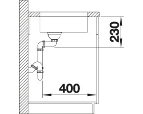 Technische tekening van een gootsteen met afmetingen van 230 en 400 millimeter.