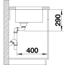 Installatietekening van een spoelbak met de afmetingen 290 bij 400.