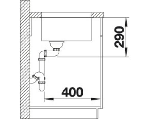 Installatietekening van een spoelbak met de afmetingen 290 bij 400.