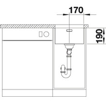 Technische tekening van een spoelbak met afmetingen van 170 bij 190 millimeter