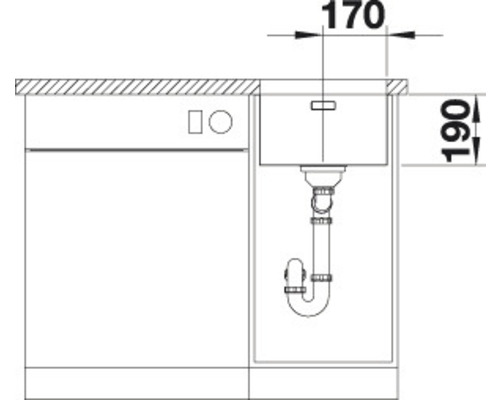 Technische tekening van een spoelbak met afmetingen van 170 bij 190 millimeter