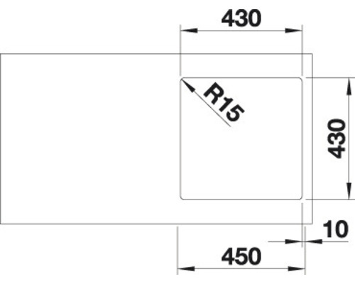 Technische tekening van een spoelbak met maatvoering