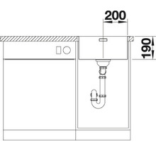 Technische tekening van een gootsteen met afmetingen van 200 bij 190 millimeter.
