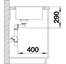 Technische tekening van een spoelbak met afvoer en afmetingen