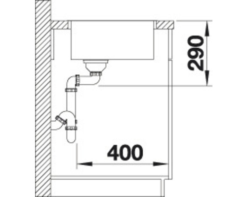 Schets van een gootsteen met afmetingen 290 en 400